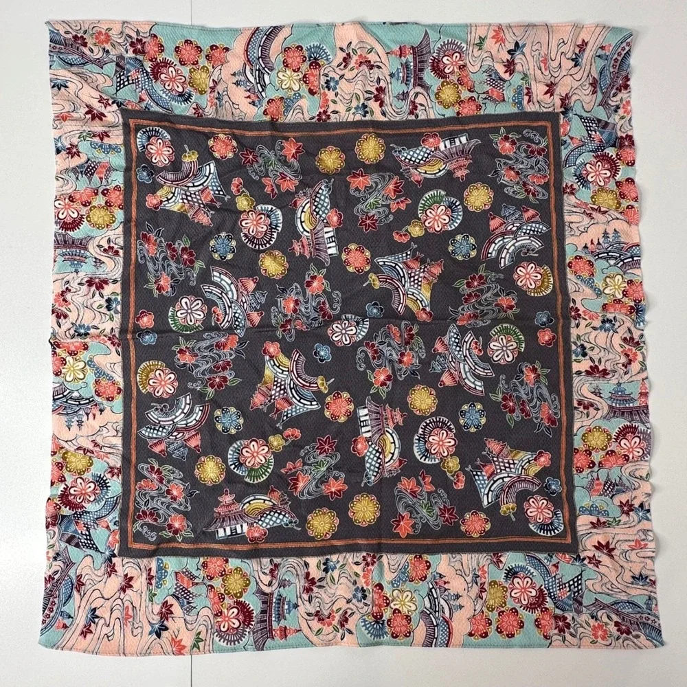 Ryukyu Bingata Japanese Square Scarf Silk Rayon Black Pink‎ Floral Spring 27x27